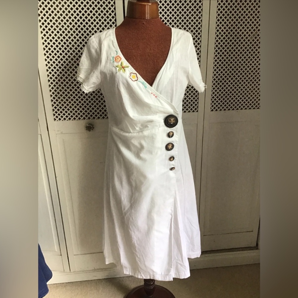 Unique linen button wrap dress with embroidered detail
